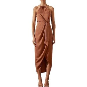 Shona Joy LUXE TIE FRONT SLEEVELESS MIDI DRESS high neck halter Mocha